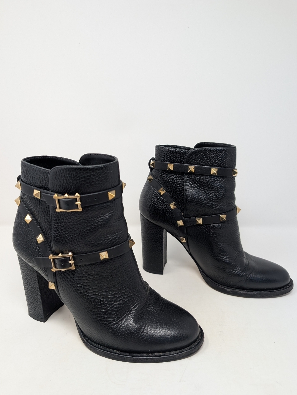 Valentino Garavani Rockstud Moto Ankle Boots Black Pebbled Leather Size 37